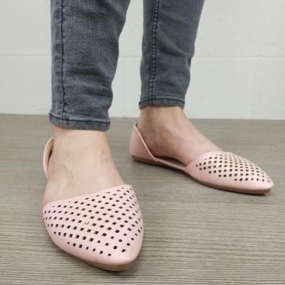 Pointed Toe Perforated Faux Leather Pink Flats - Picture 8 of 8